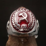 Men's Communist Ring red Hammer Sickle Crest CCCP with Stars on the Band - Sterling Silver - BikeRing4u