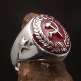 Men's Communist Ring red Hammer Sickle Crest CCCP with Stars on the Band - Sterling Silver - BikeRing4u