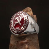 Men's Communist Ring red Hammer Sickle Crest CCCP with Stars on the Band - Sterling Silver - BikeRing4u