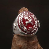 Men's Communist Ring red Hammer Sickle Crest CCCP with Stars on the Band - Sterling Silver - BikeRing4u