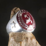 Men's Communist Ring red Hammer Sickle Crest CCCP with Stars on the Band - Sterling Silver - BikeRing4u