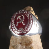 Men's Communist Ring red Hammer Sickle Crest CCCP with Stars on the Band - Sterling Silver - BikeRing4u