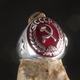 Men's Communist Ring red Hammer Sickle Crest CCCP with Stars on the Band - Sterling Silver - BikeRing4u