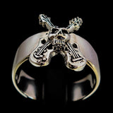 Excellent crafted Men's Costume Skull Ring two crossed Guitars - Sterling Silver - BikeRing4u