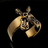 Excellent crafted Men's Costume Skull Ring two crossed Guitars - Solid Brass - BikeRing4u