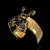 Excellent crafted Men's Costume Skull Ring two crossed Guitars - Solid Brass - BikeRing4u