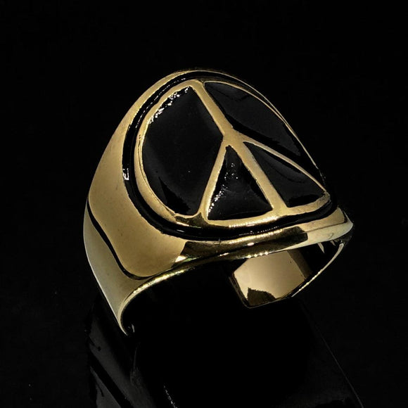 Round Men's Ring black Peace Symbol Flower Power - Solid Brass - BikeRing4u