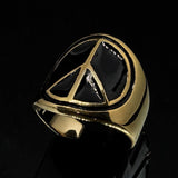 Round Men's Ring black Peace Symbol Flower Power - Solid Brass - BikeRing4u