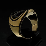 Round Men's Ring black Peace Symbol Flower Power - Solid Brass - BikeRing4u