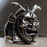 Men's Japanese Warrior Ring detailed Samurai Mempo Kabuto Mask - Sterling Silver - BikeRing4u