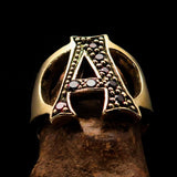 Excellent crafted Initial Ring Bold Letter A - 8 red CZ - solid Brass - BikeRing4u