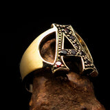 Excellent crafted Initial Ring Bold Letter A - 8 red CZ - solid Brass - BikeRing4u