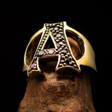 Excellent crafted Initial Ring Bold Letter A - 8 red CZ - solid Brass - BikeRing4u