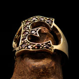Excellent crafted Initial Ring Bold Letter E - 12 red CZ - solid Brass - BikeRing4u