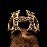 Excellent crafted Initial Ring Bold Letter H - 13 red CZ - solid Brass - BikeRing4u