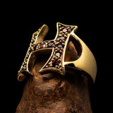 Excellent crafted Initial Ring Bold Letter H - 13 red CZ - solid Brass - BikeRing4u