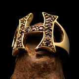 Excellent crafted Initial Ring Bold Letter H - 13 red CZ - solid Brass - BikeRing4u
