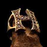 Excellent crafted Initial Ring Bold Letter H - 13 red CZ - solid Brass - BikeRing4u