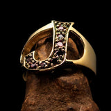 Excellent crafted Initial Ring Bold Letter J - 8 red CZ - solid Brass - BikeRing4u