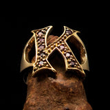 Excellent crafted Initial Ring Bold Letter K - 9 red CZ - solid Brass - BikeRing4u