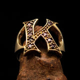 Excellent crafted Initial Ring Bold Letter K - 9 red CZ - solid Brass - BikeRing4u