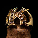 Excellent crafted Initial Ring Bold Letter K - 9 red CZ - solid Brass - BikeRing4u