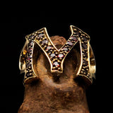 Excellent crafted Initial Ring Bold Letter M - 21 red CZ - solid Brass - BikeRing4u