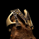Excellent crafted Initial Ring Bold Letter M - 21 red CZ - solid Brass - BikeRing4u