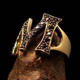 Excellent crafted Initial Ring Bold Letter M - 21 red CZ - solid Brass - BikeRing4u