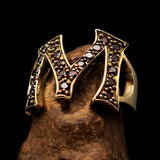 Excellent crafted Initial Ring Bold Letter M - 21 red CZ - solid Brass - BikeRing4u