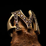 Excellent crafted Initial Ring Bold Letter M - 21 red CZ - solid Brass - BikeRing4u