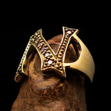 Excellent crafted Initial Ring Bold Letter N - 8 red CZ - solid Brass - BikeRing4u