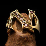 Excellent crafted Initial Ring Bold Letter N - 8 red CZ - solid Brass - BikeRing4u