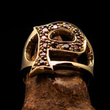 Excellent crafted Initial Ring Bold Letter P - 12 red CZ - solid Brass - BikeRing4u