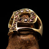 Excellent crafted Initial Ring Bold Letter P - 12 red CZ - solid Brass - BikeRing4u