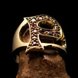 Excellent crafted Initial Ring Bold Letter P - 12 red CZ - solid Brass - BikeRing4u