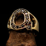 Excellent crafted Initial Ring Bold Letter Q - 15 red CZ - solid Brass - BikeRing4u