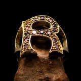Excellent crafted Initial Ring Bold Letter R - 15 red CZ - solid Brass - BikeRing4u