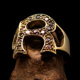 Excellent crafted Initial Ring Bold Letter R - 15 red CZ - solid Brass - BikeRing4u