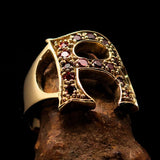 Excellent crafted Initial Ring Bold Letter R - 15 red CZ - solid Brass - BikeRing4u
