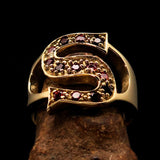 Excellent crafted Initial Ring Bold Letter S - 13 red CZ - solid Brass - BikeRing4u