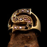 Excellent crafted Initial Ring Bold Letter S - 13 red CZ - solid Brass - BikeRing4u