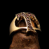 Excellent crafted Initial Ring Bold Letter T - 9 red CZ - solid Brass - BikeRing4u