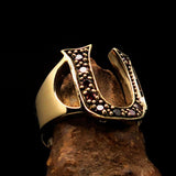 Excellent crafted Initial Ring Bold Letter U - 9 red CZ - solid Brass - BikeRing4u