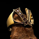 Excellent crafted Initial Ring Bold Letter V - 6 red CZ - solid Brass - BikeRing4u