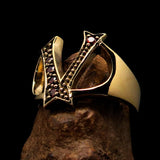 Excellent crafted Initial Ring Bold Letter V - 6 red CZ - solid Brass - BikeRing4u