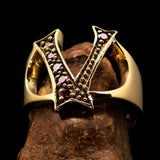 Excellent crafted Initial Ring Bold Letter V - 6 red CZ - solid Brass - BikeRing4u
