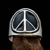 Round Men's Ring black Peace Symbol Flower Power - Sterling Silver - BikeRing4u