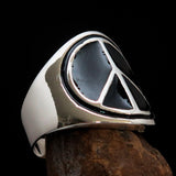 Round Men's Ring black Peace Symbol Flower Power - Sterling Silver - BikeRing4u