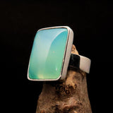 Green Agate Ring, Sterling Silver Ring, green Agate Cabochon, rectangle minimalist ring, handmade silver ring, gift for her, unique - Size 7